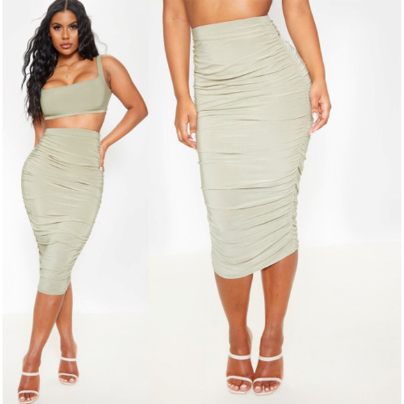 PrettyLittleThing Dresses & Skirts - PRETTYLITTLETHING • Sage Green Slinky Second Skin Ruched Mini Skirt NEW Sz 8